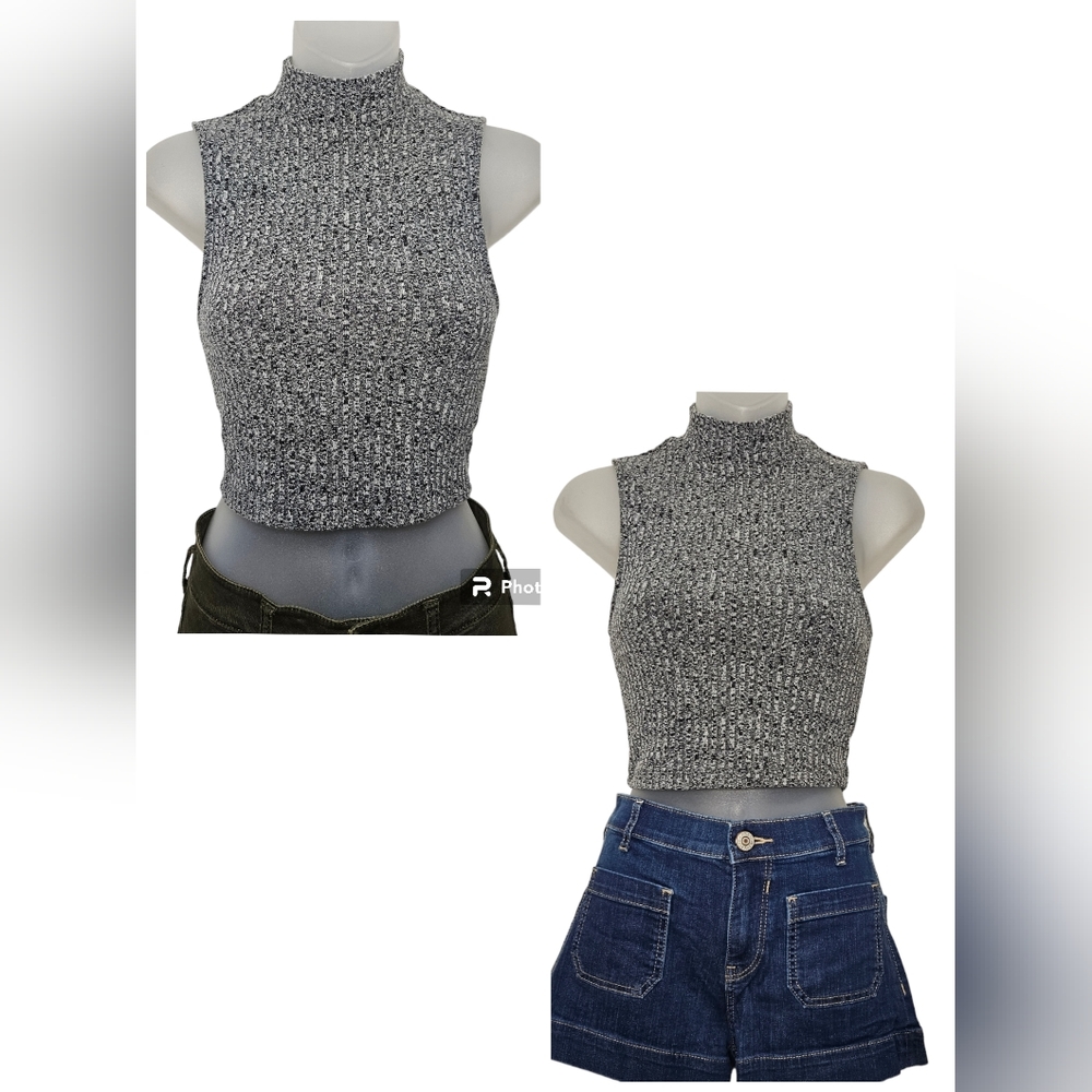 Express Heather Black/Grey Mock Neck Crop Tank Sz S